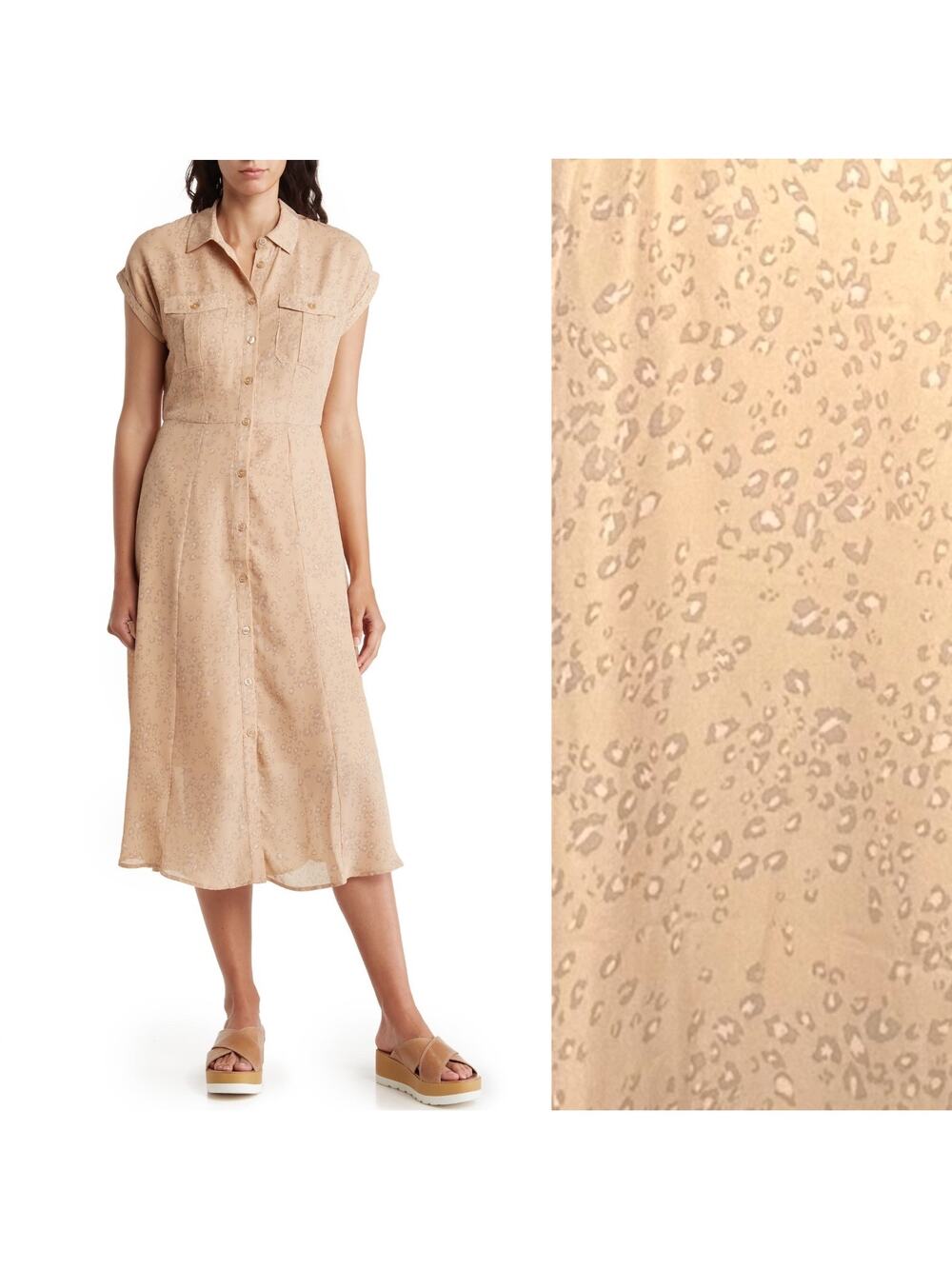 LUCKY BRAND Leopard Short Sleeve Midi Shirt Dress Button Front Brunch Beige